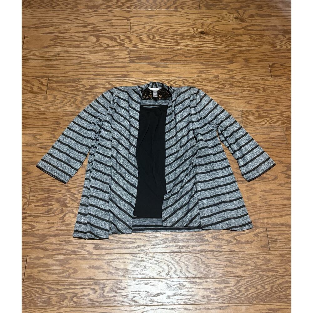 White Stag Women's Gray Black 2-Piece Look 3/4 Sleeve Cardigan Shirt Combo, Sz L